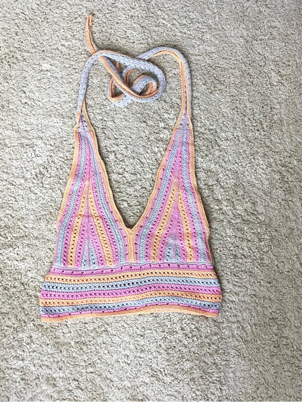 Hollister Crochet Striped halter Top in Peach, Pink & Light Blue